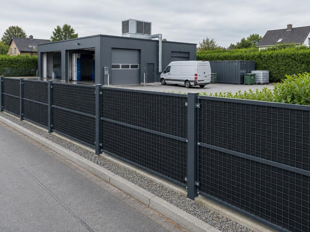 Wizualizacja: plac firmy usługowej z myjnią i warsztatem odgrodzony wysoką przegrodą od drogi i najbliższych domów